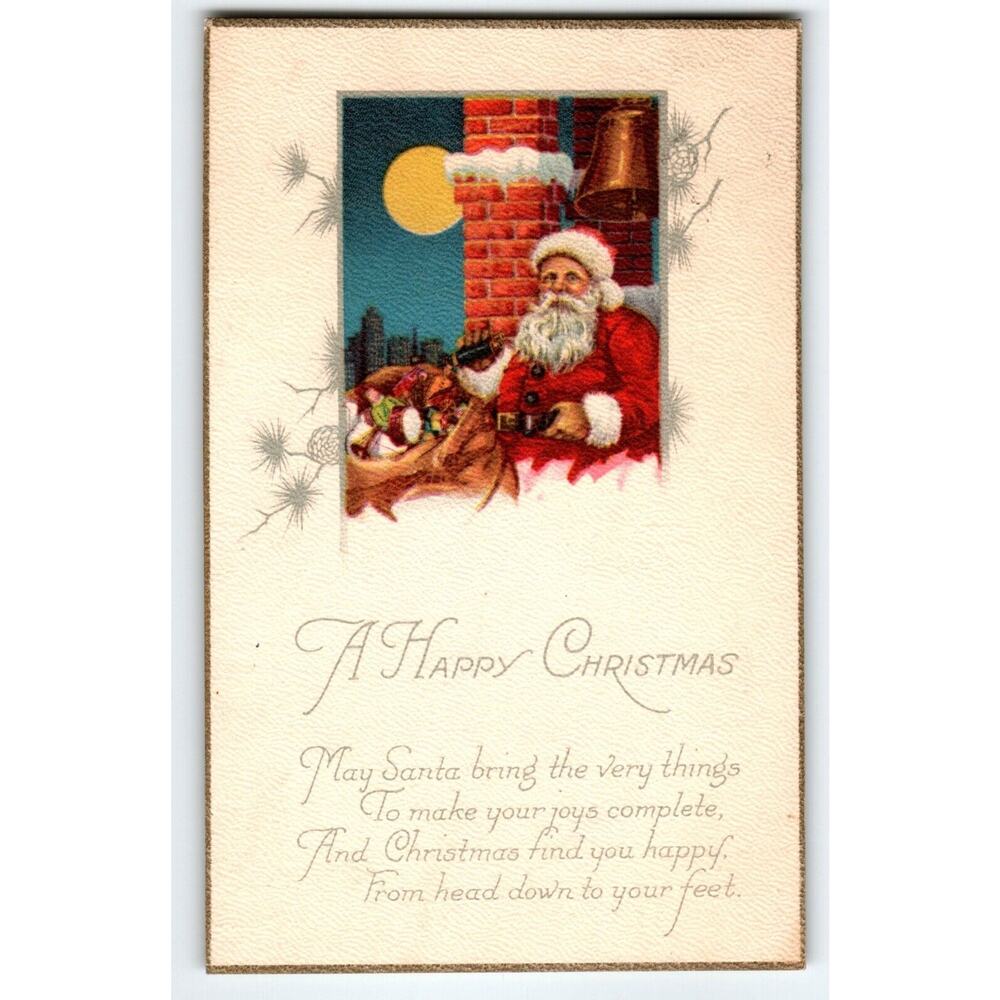 Santa Claus Christmas Postcard Saint Nick Full Moon Bell Toys Stecher Series 992